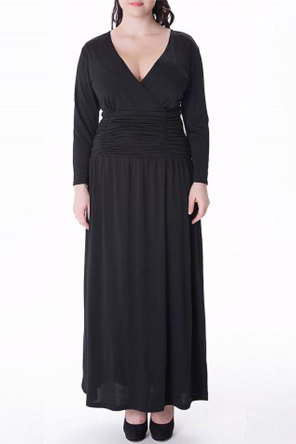 Women-Plus-Size-V-Neck-Long-Casual-Dress-Black-Back