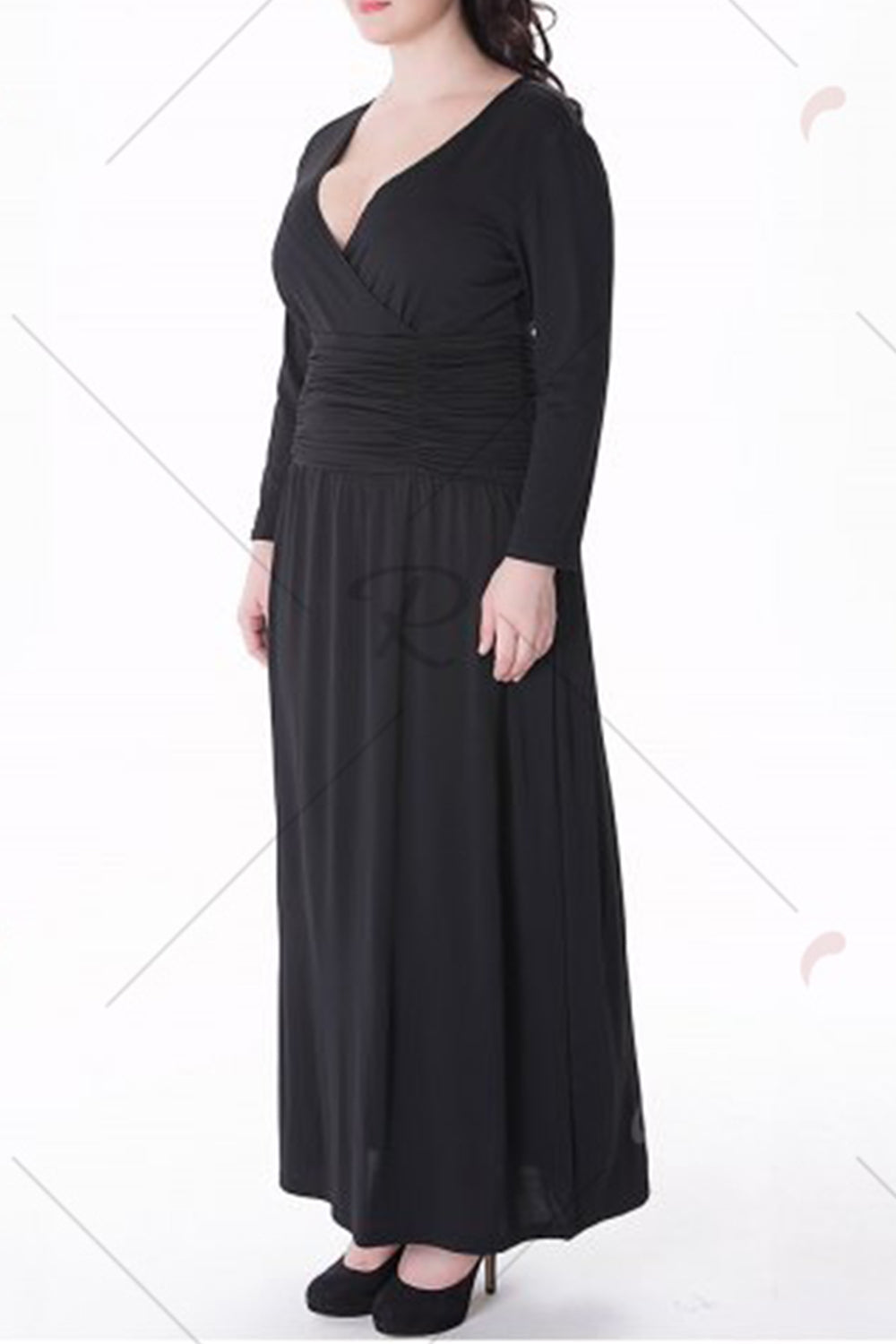 Women-Plus-Size-V-Neck-Long-Casual-Dress-Black-Back