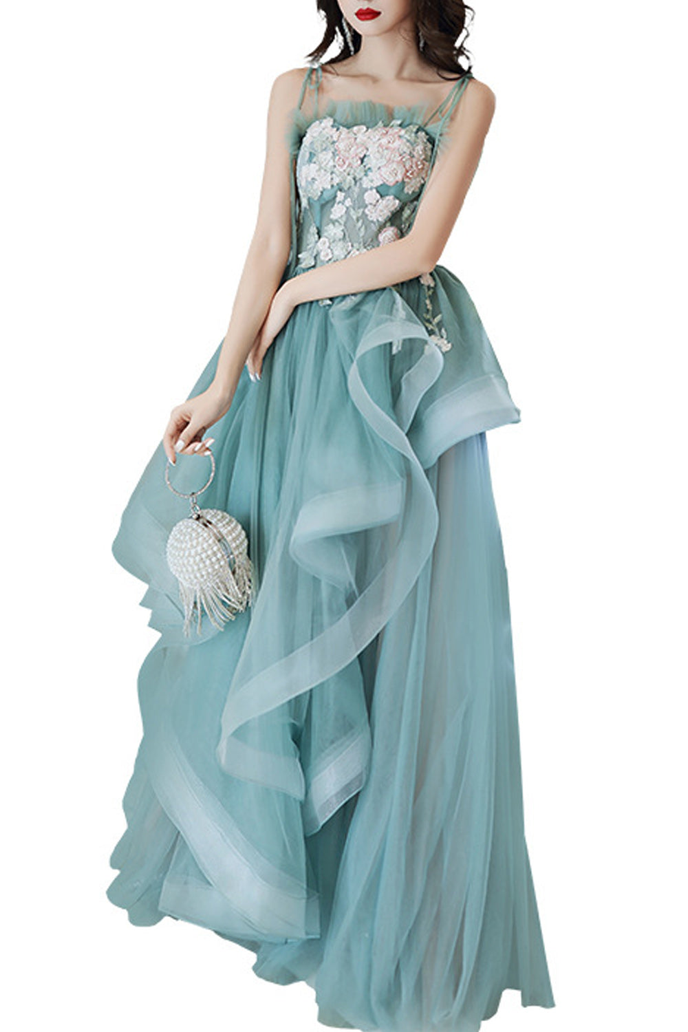 Women Beautiful Flower Decorated Irregular Hem Skirt Wedding Party Dress