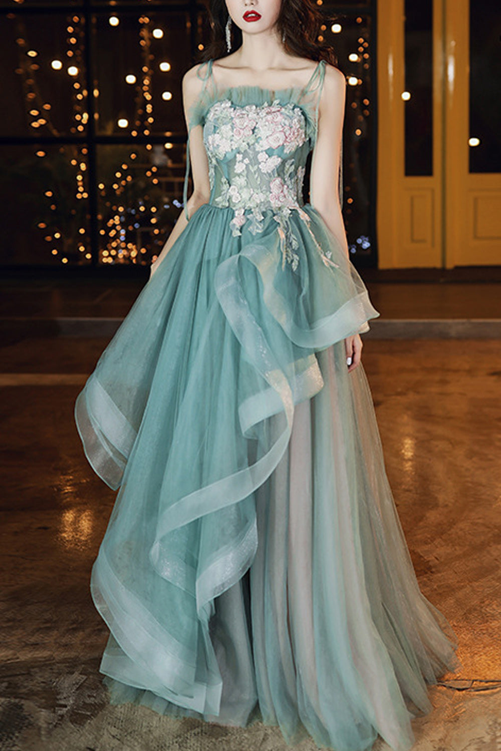 Women Beautiful Flower Decorated Irregular Hem Skirt Wedding Party Dress