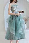 Women Beautiful Flower Decorated Irregular Hem Skirt Wedding Party Dress