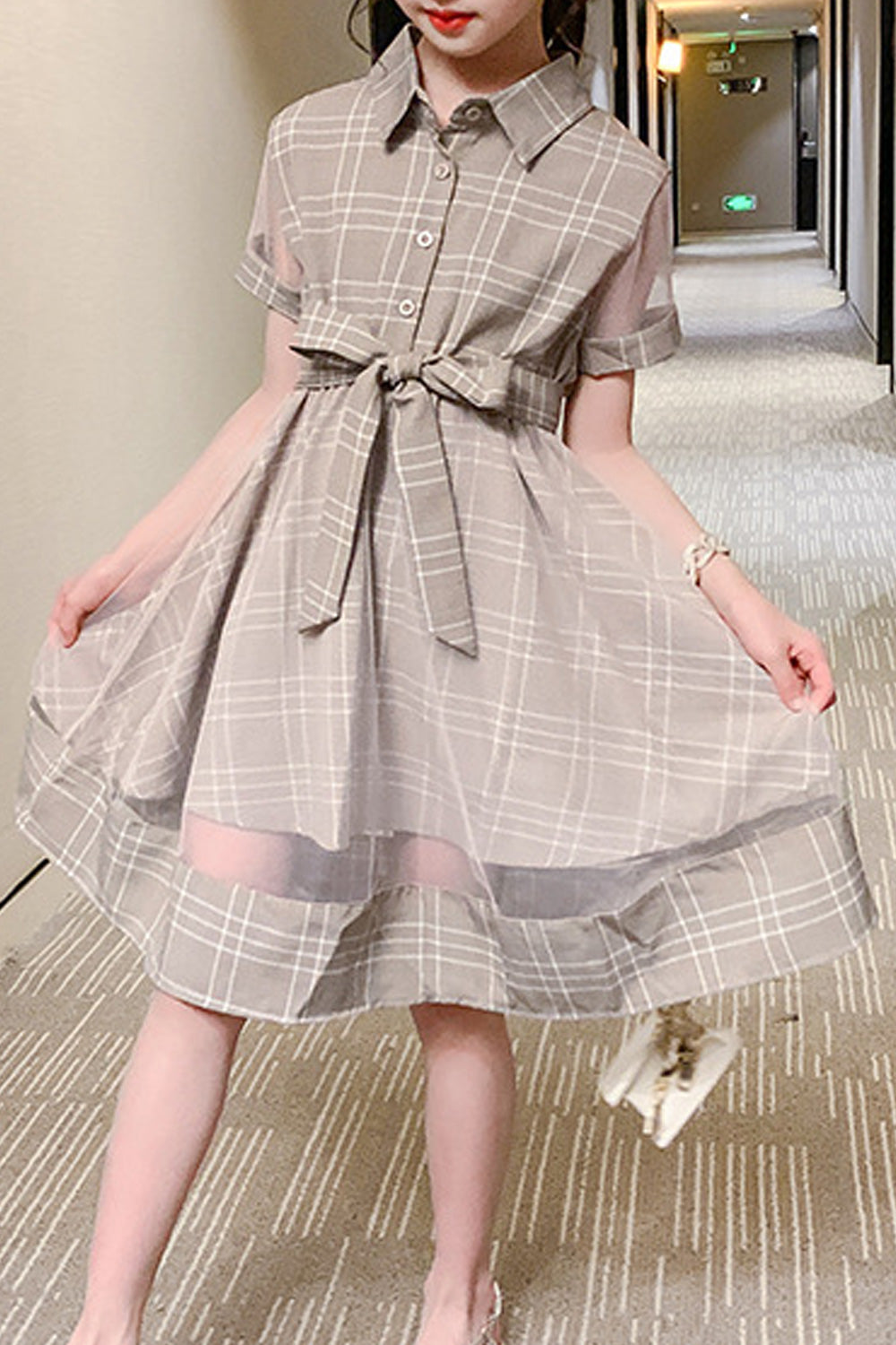 Kids Girls Cool Short Sleeve Plaid Pattern Summer Collar Neck Tremendous Dress