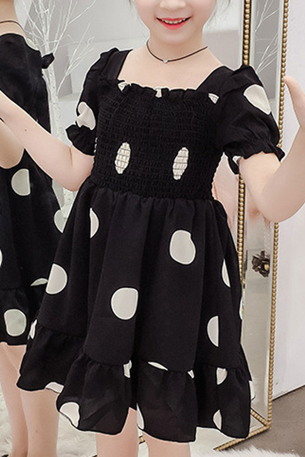 Kids Girls Comfy Square Neck Puff Short Sleeve Polka Dotted Beautiful Dress