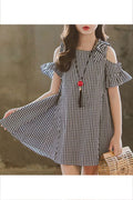 Kids Girls Elegant Plaid Pattern Cold Shoulder Breathable Summer Trendy Dress