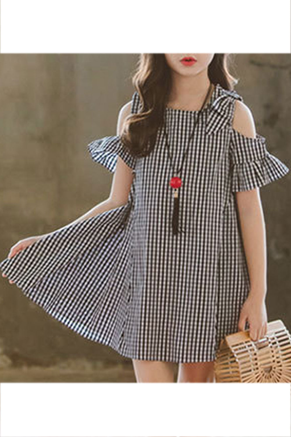 Kids Girls Elegant Plaid Pattern Cold Shoulder Breathable Summer Trendy Dress