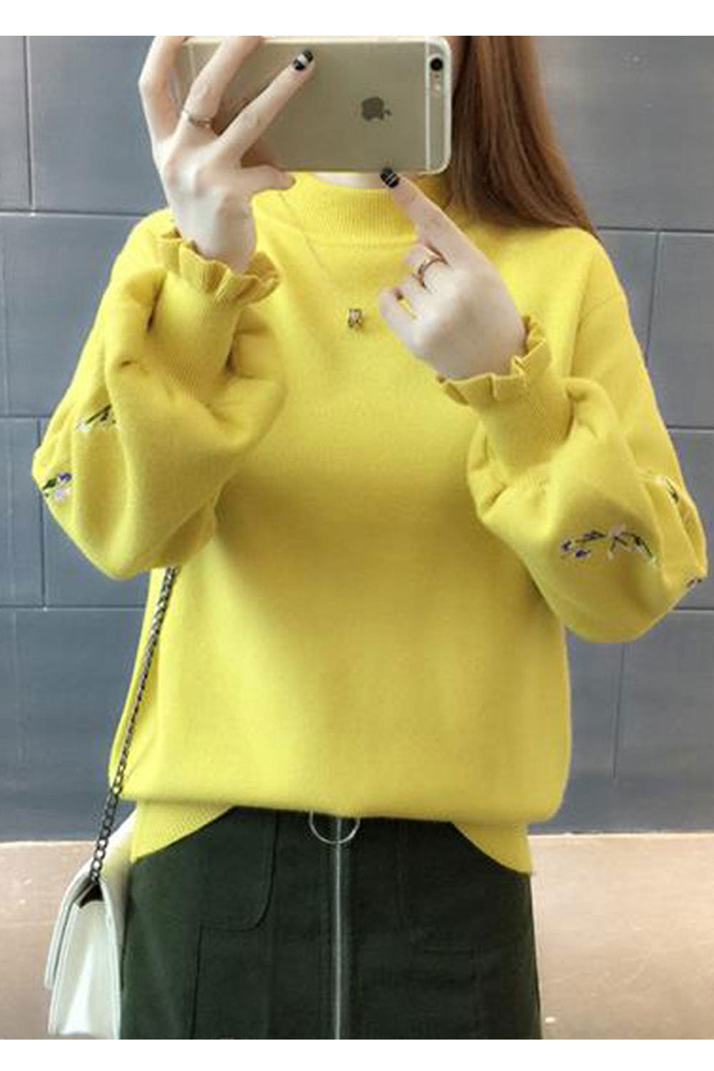 Women Comfortable High Neck Long Embroidered Sleeve Warm Sweater