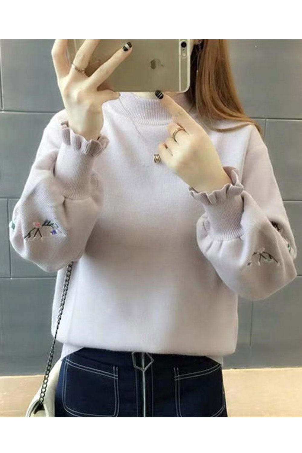 Women Comfortable High Neck Long Embroidered Sleeve Warm Sweater