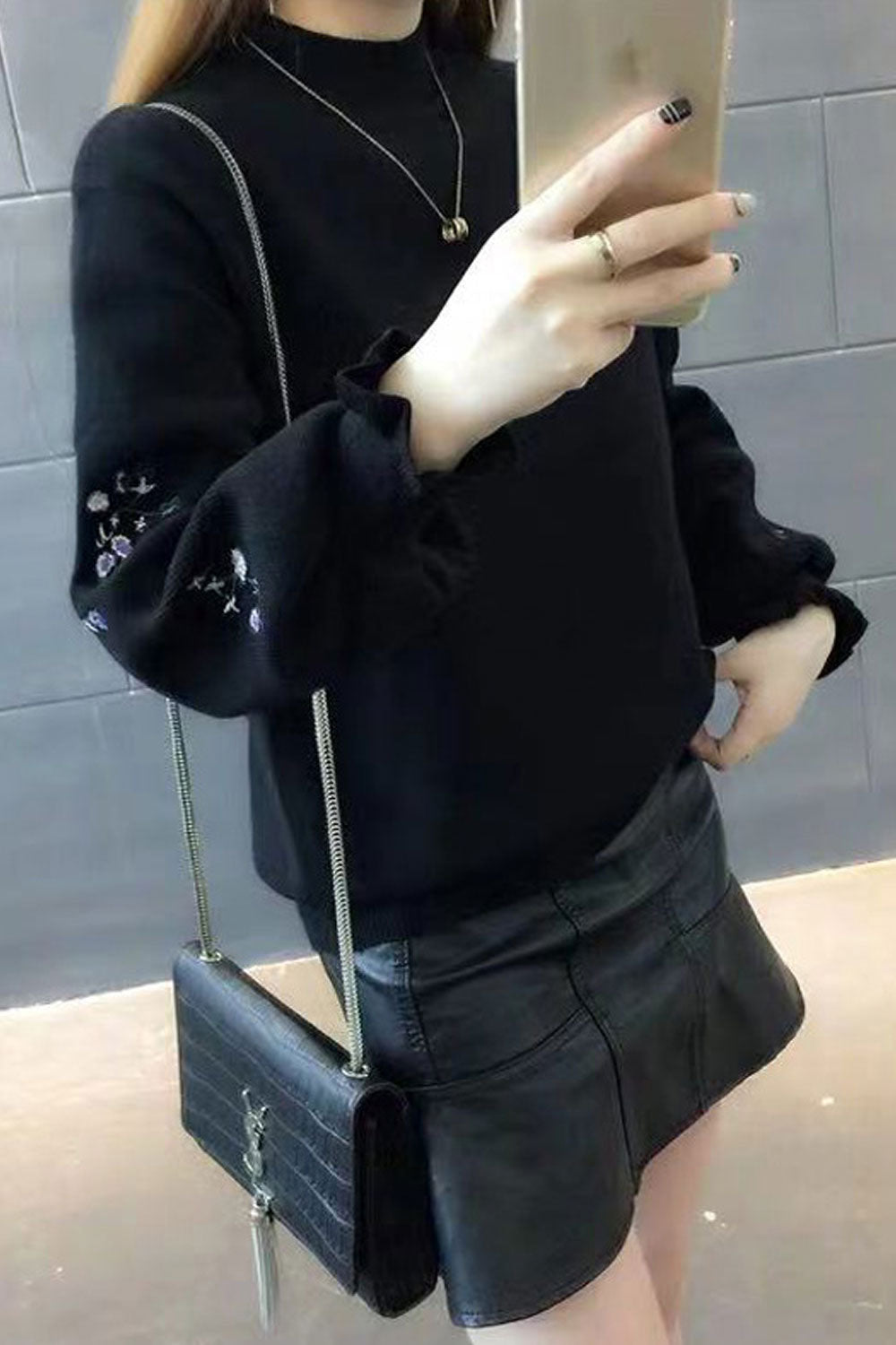 Women Comfortable High Neck Long Embroidered Sleeve Warm Sweater