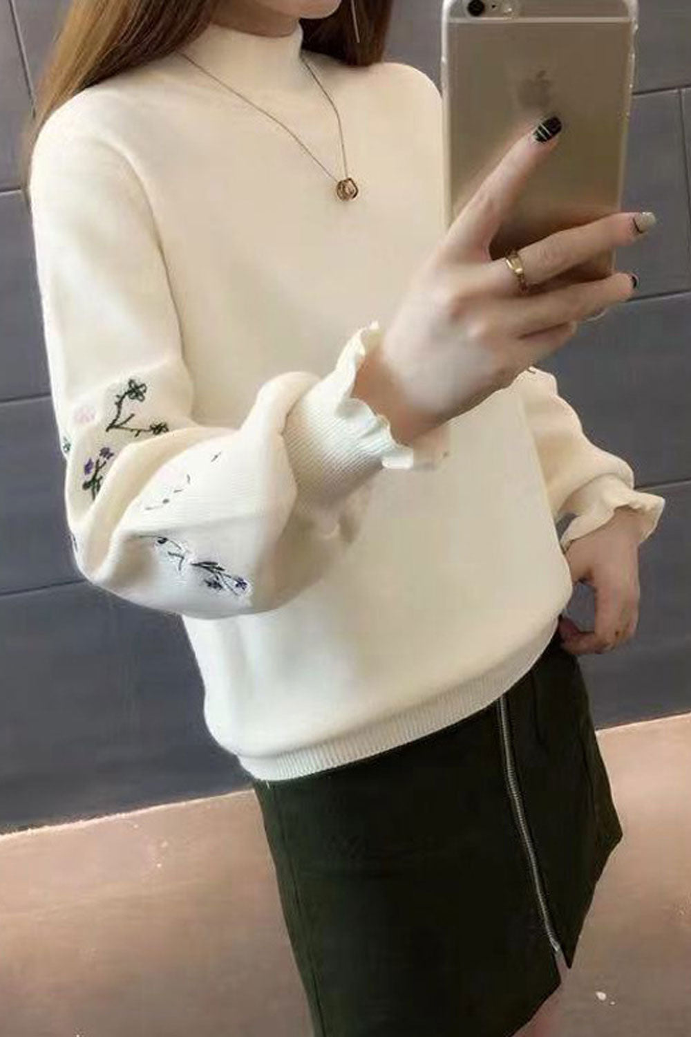 Women Comfortable High Neck Long Embroidered Sleeve Warm Sweater