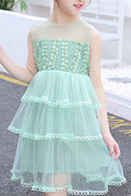 Kids Girls Thin Net Mesh Solid Colored Round Neck Summer Outing Dress