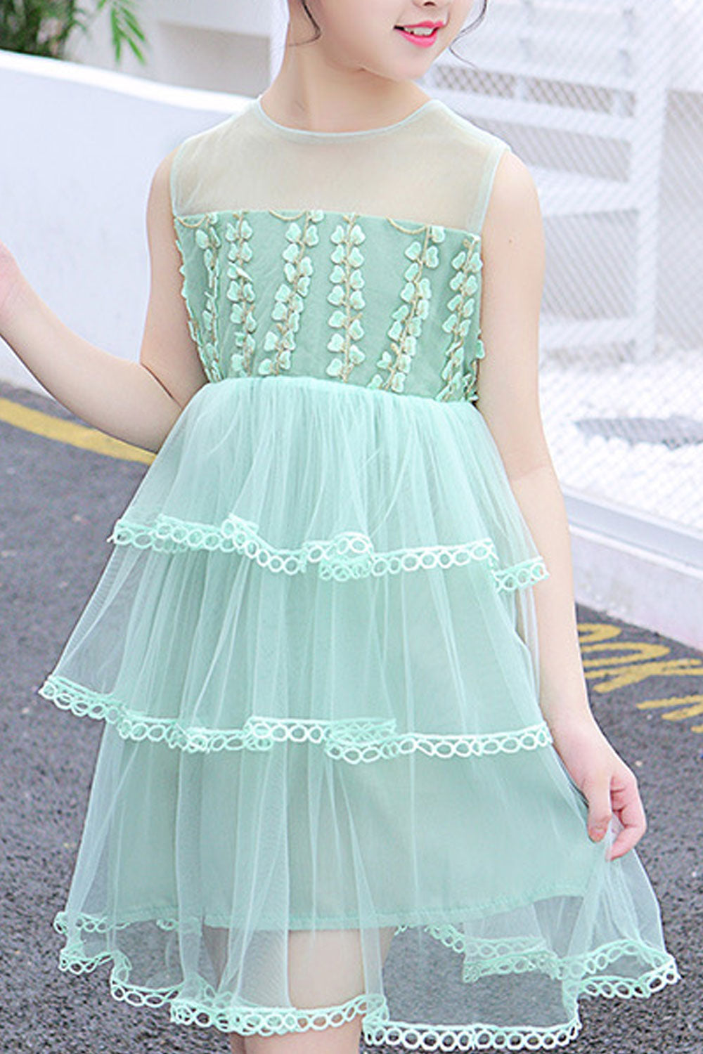 Kids Girls Thin Net Mesh Solid Colored Round Neck Summer Outing Dress