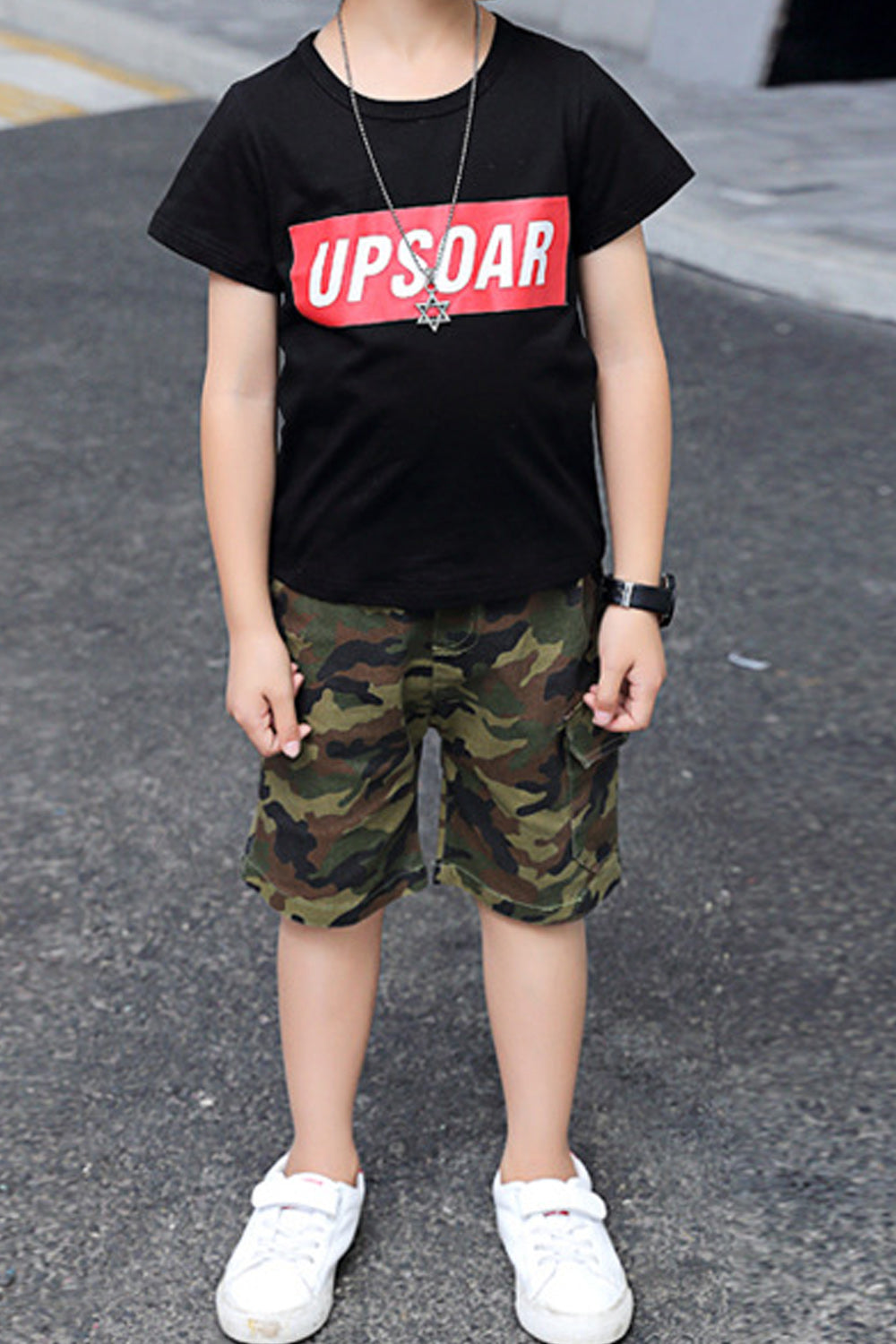 Kids Boys Short Sleeve Camouflage Bottom Letter Pattern T-Shirt Superb Two Piece Set