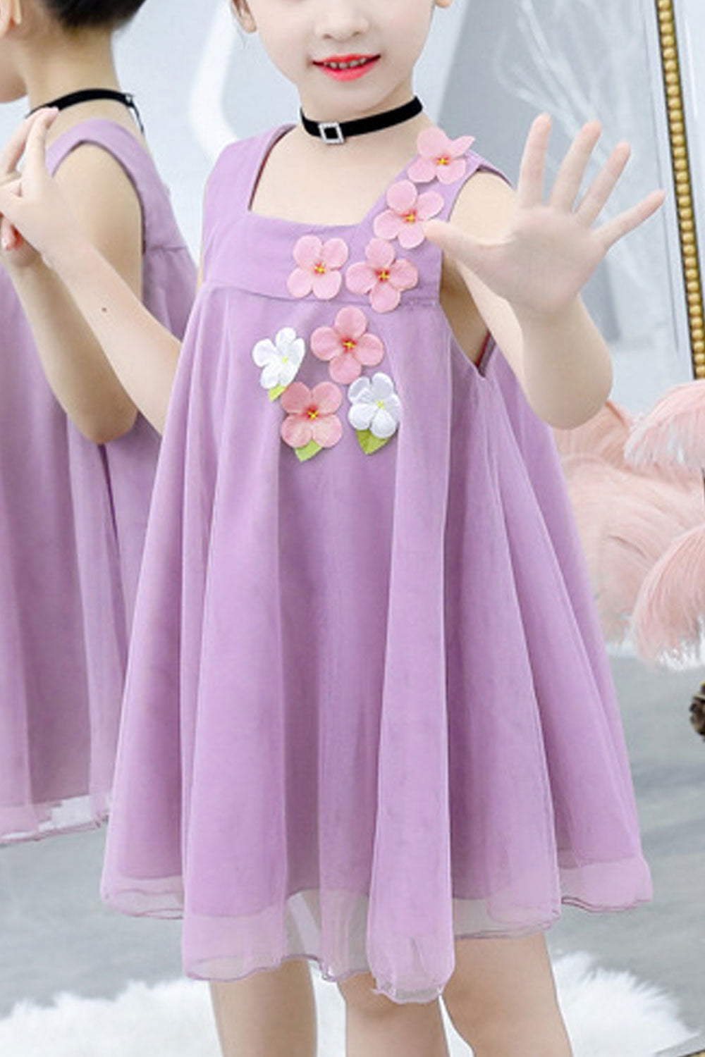 Kids Girls Cute Flower Decorated Elegant Square Neck Sleeveless Cool Dress