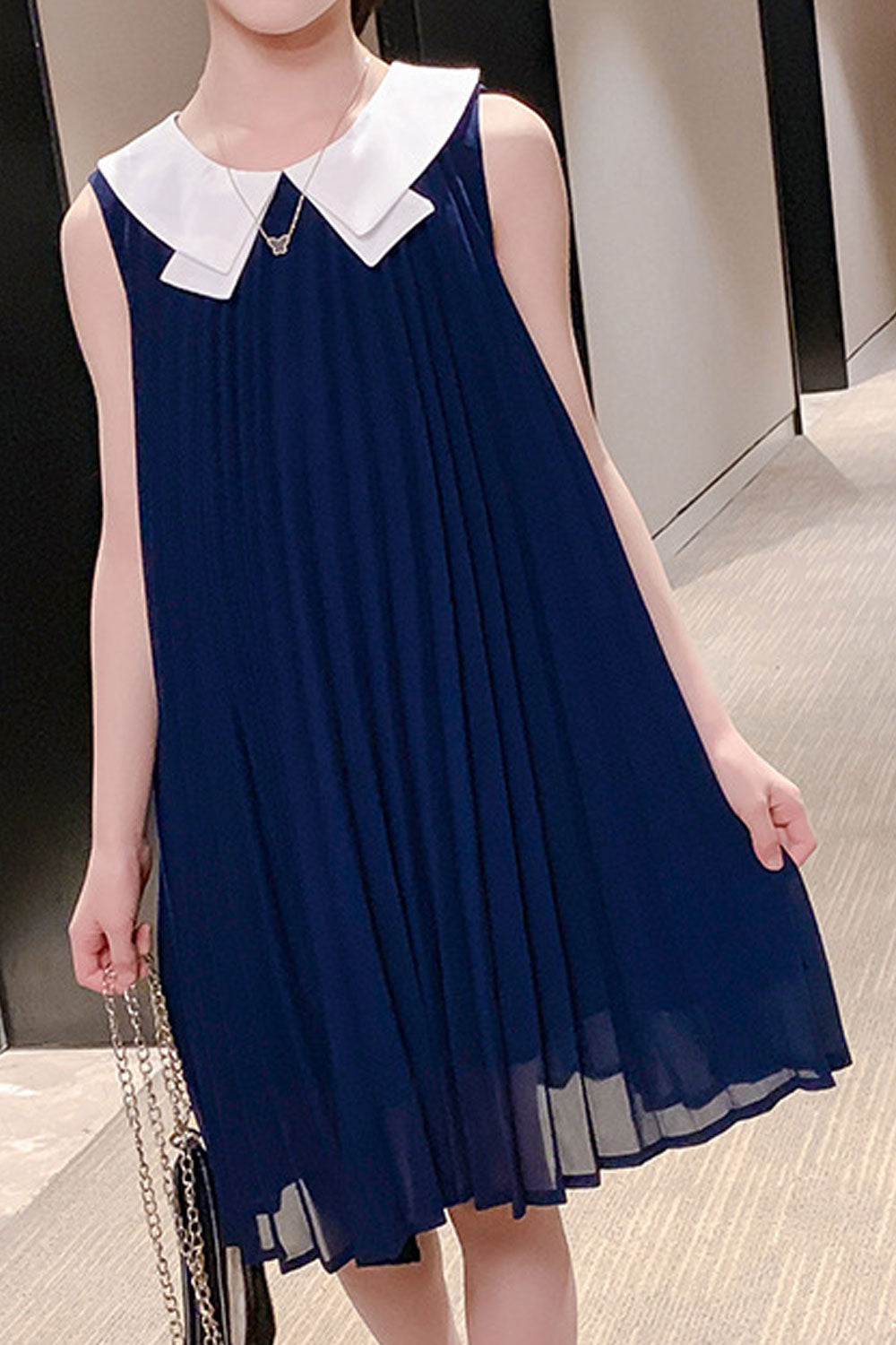 Kids Girls Sleeveless Style Easy Round Neck Pleated Skirt Summer Dress