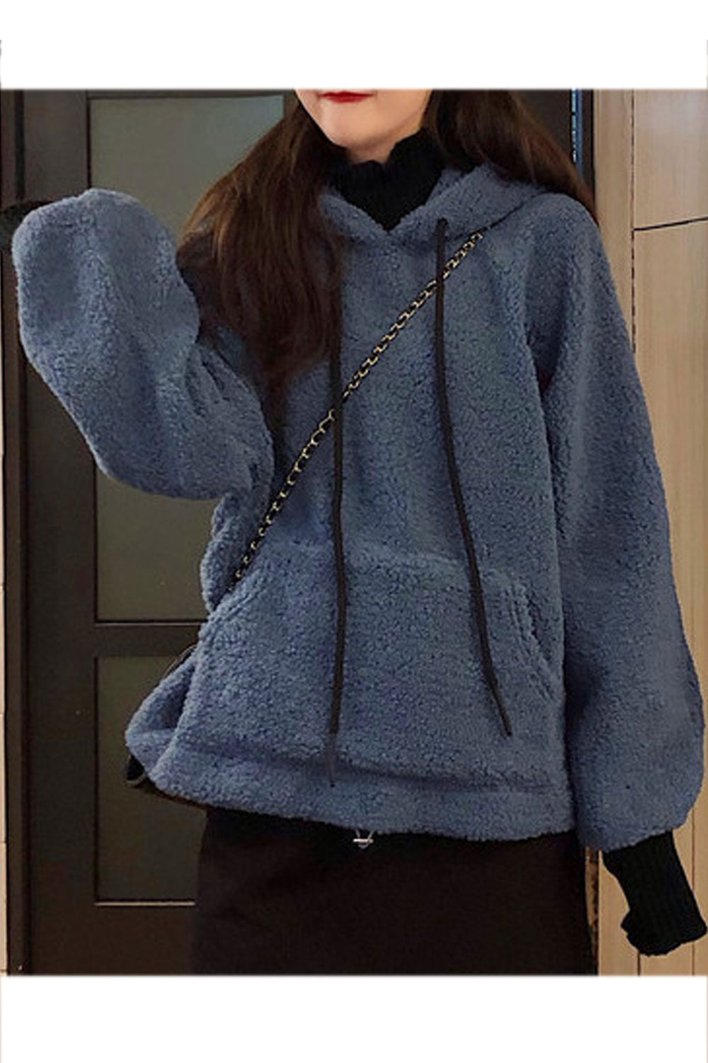Women Simple Style Solid Colored Ribbed Cuff Warm Hoodie