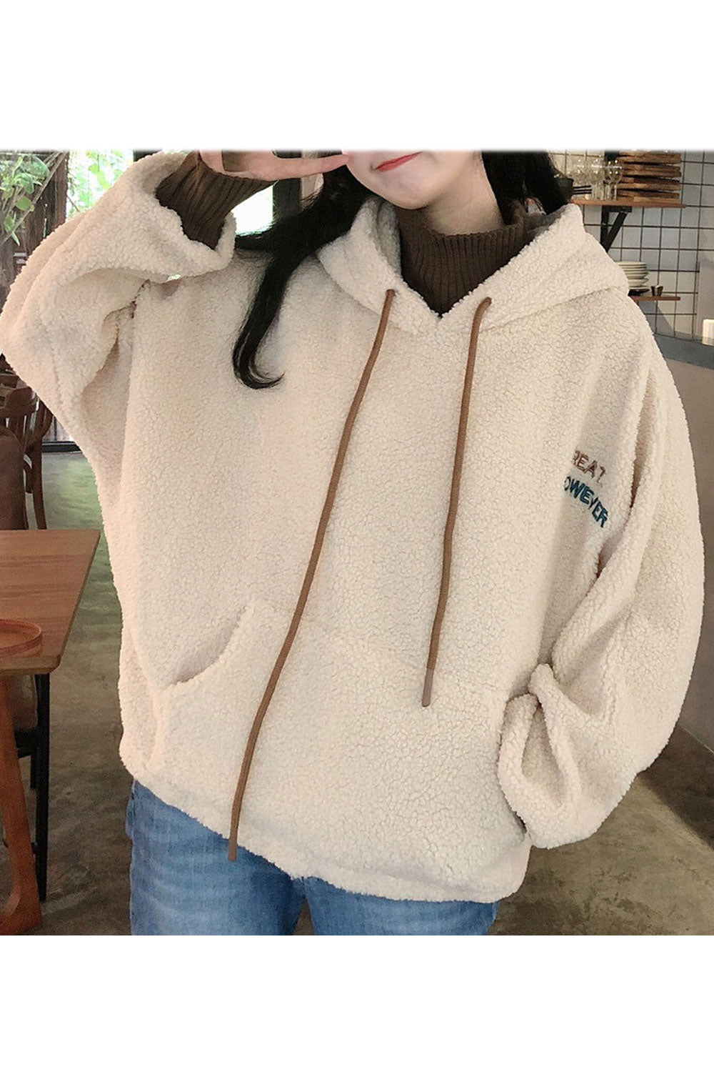 Women Simple Style Solid Colored Ribbed Cuff Warm Hoodie