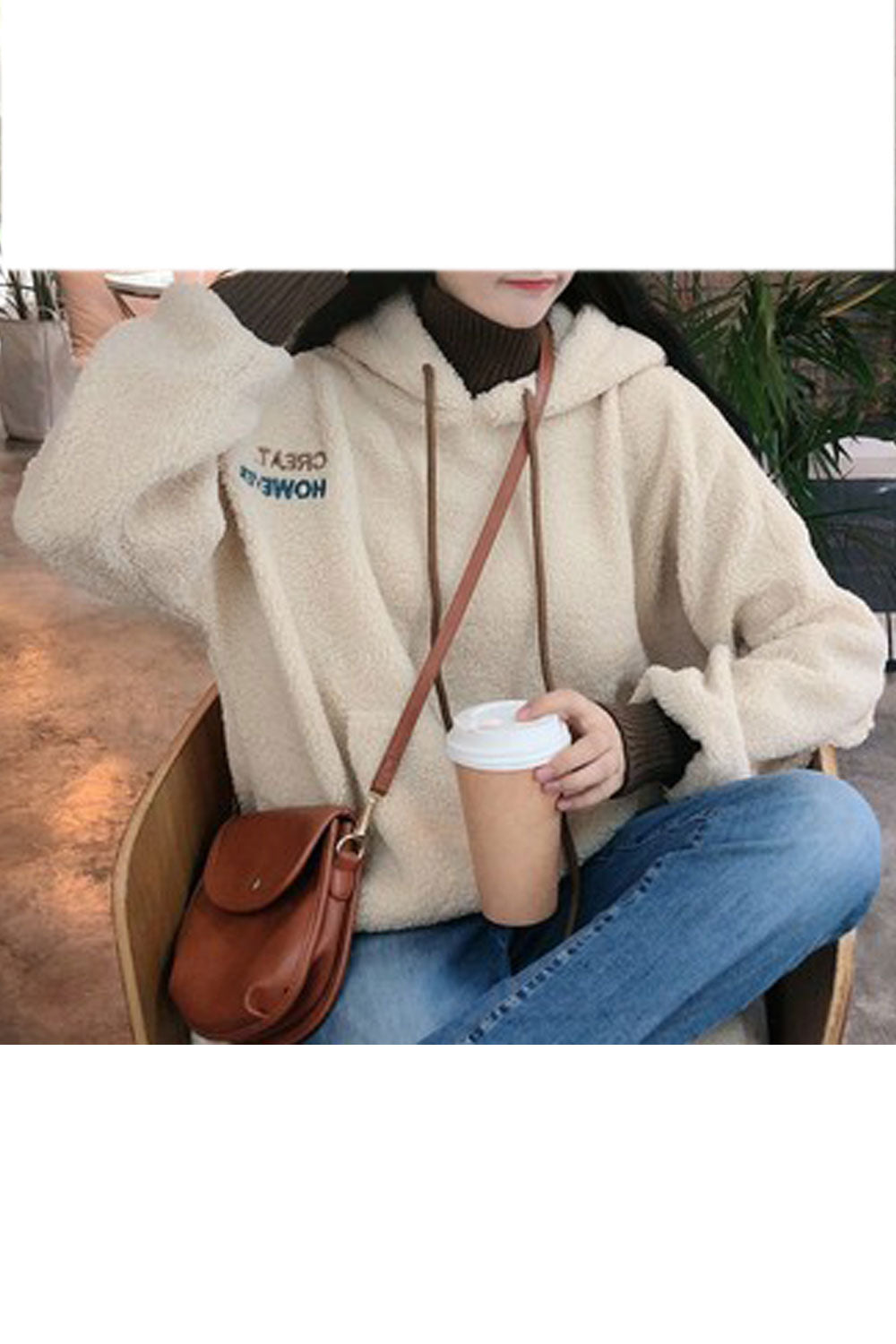 Women Simple Style Solid Colored Ribbed Cuff Warm Hoodie