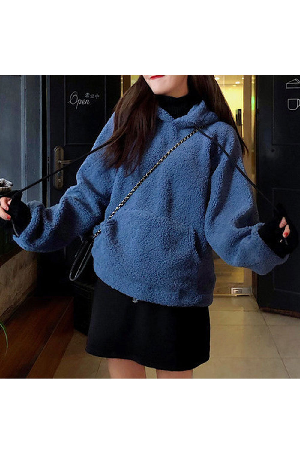 Women Simple Style Solid Colored Ribbed Cuff Warm Hoodie