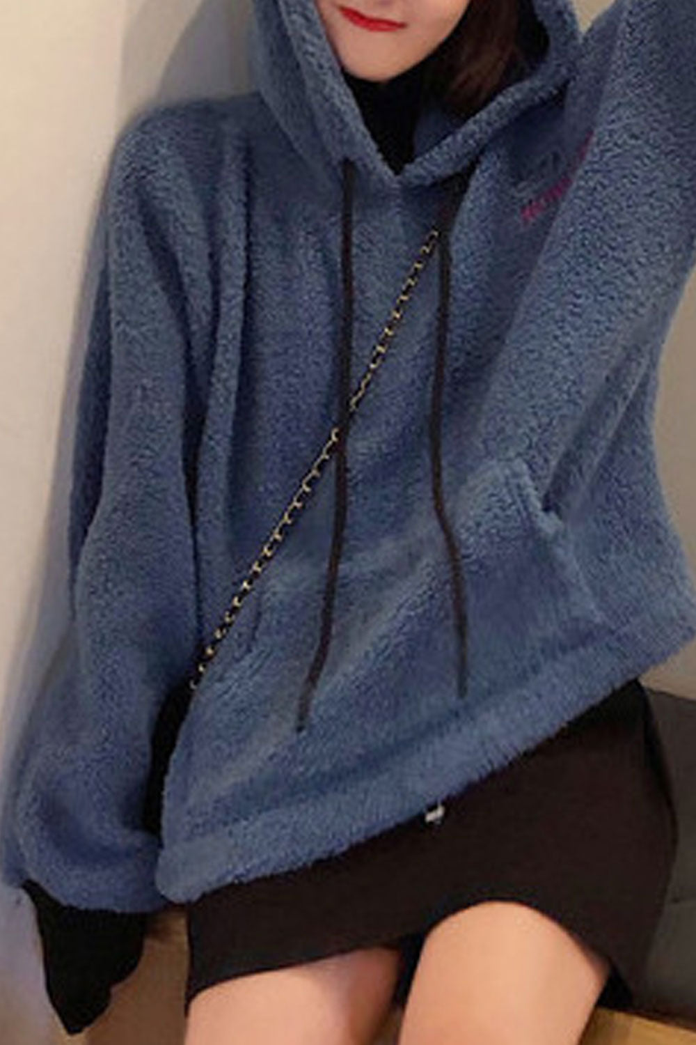 Women Simple Style Solid Colored Ribbed Cuff Warm Hoodie