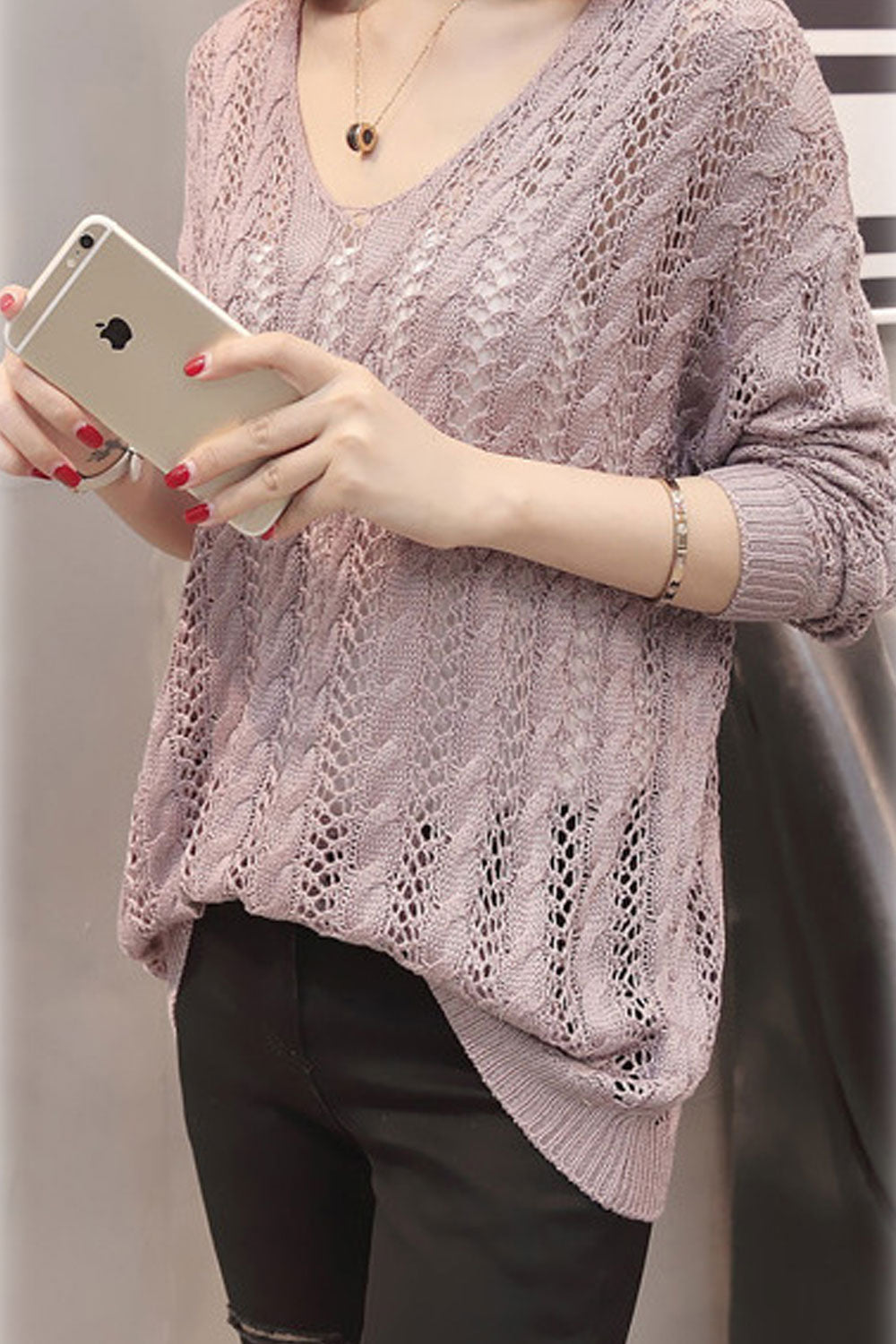 Women Admirable Hollow Solid Colored Back Strap Sweater