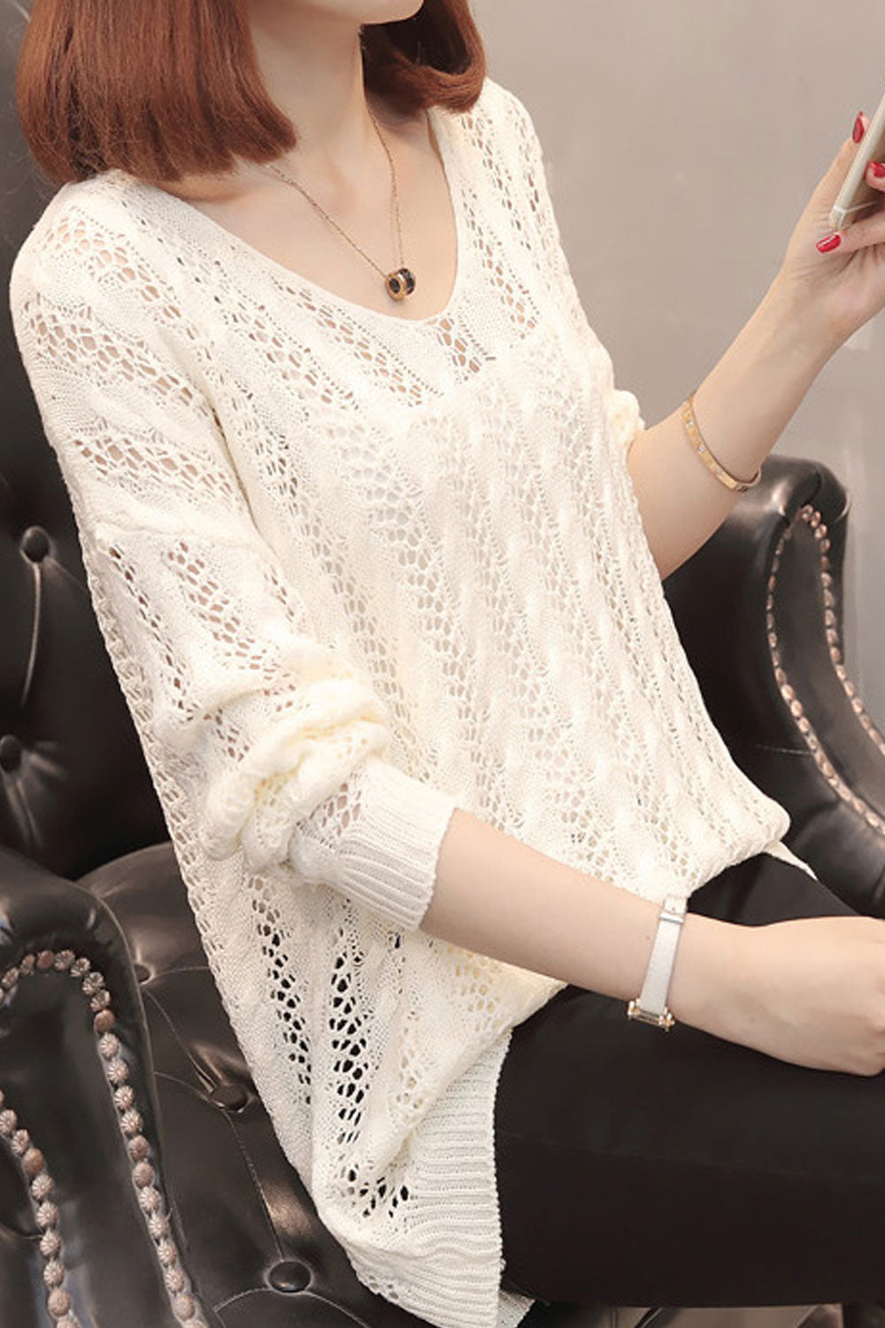 Women Admirable Hollow Solid Colored Back Strap Sweater