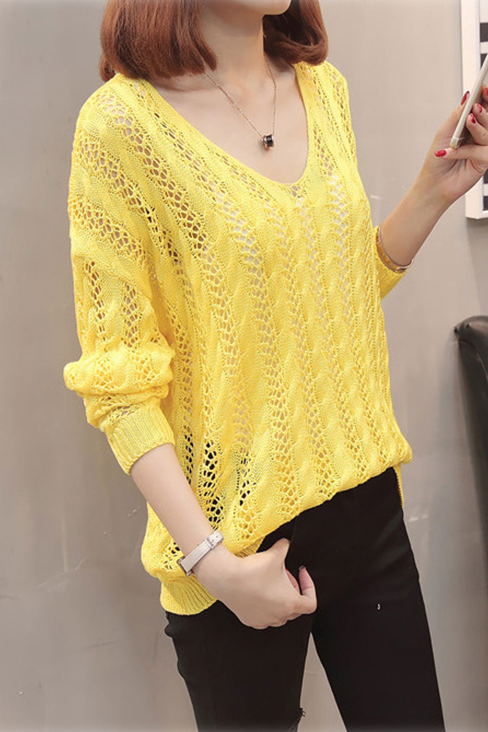 Women Admirable Hollow Solid Colored Back Strap Sweater