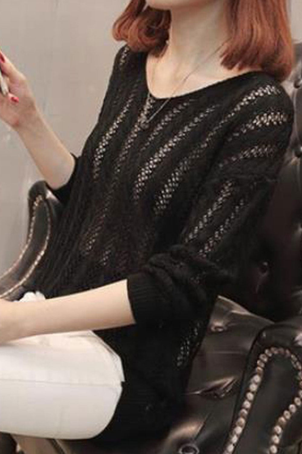 Women Admirable Hollow Solid Colored Back Strap Sweater