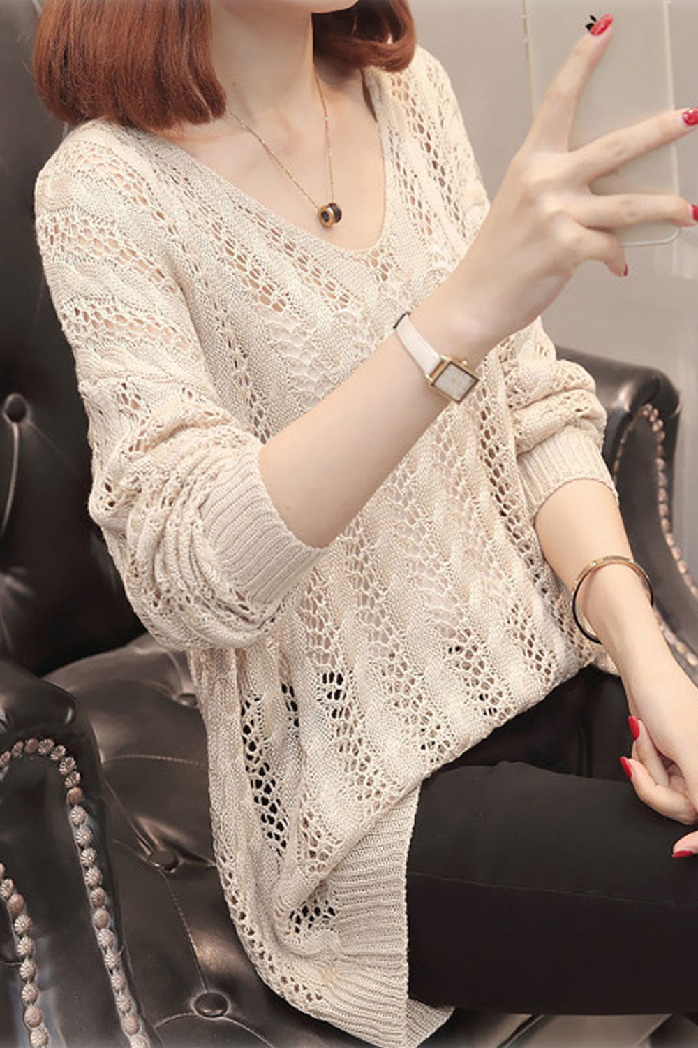 Women Admirable Hollow Solid Colored Back Strap Sweater