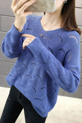 Women Fashion Round Neck Hollow Solid Colored Summer Sweater