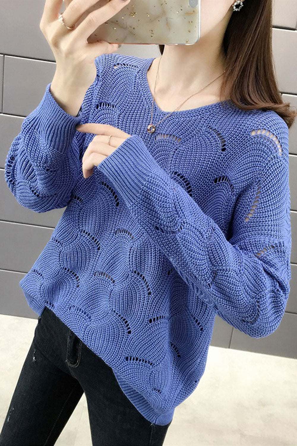 Women Fashion Round Neck Hollow Solid Colored Summer Sweater