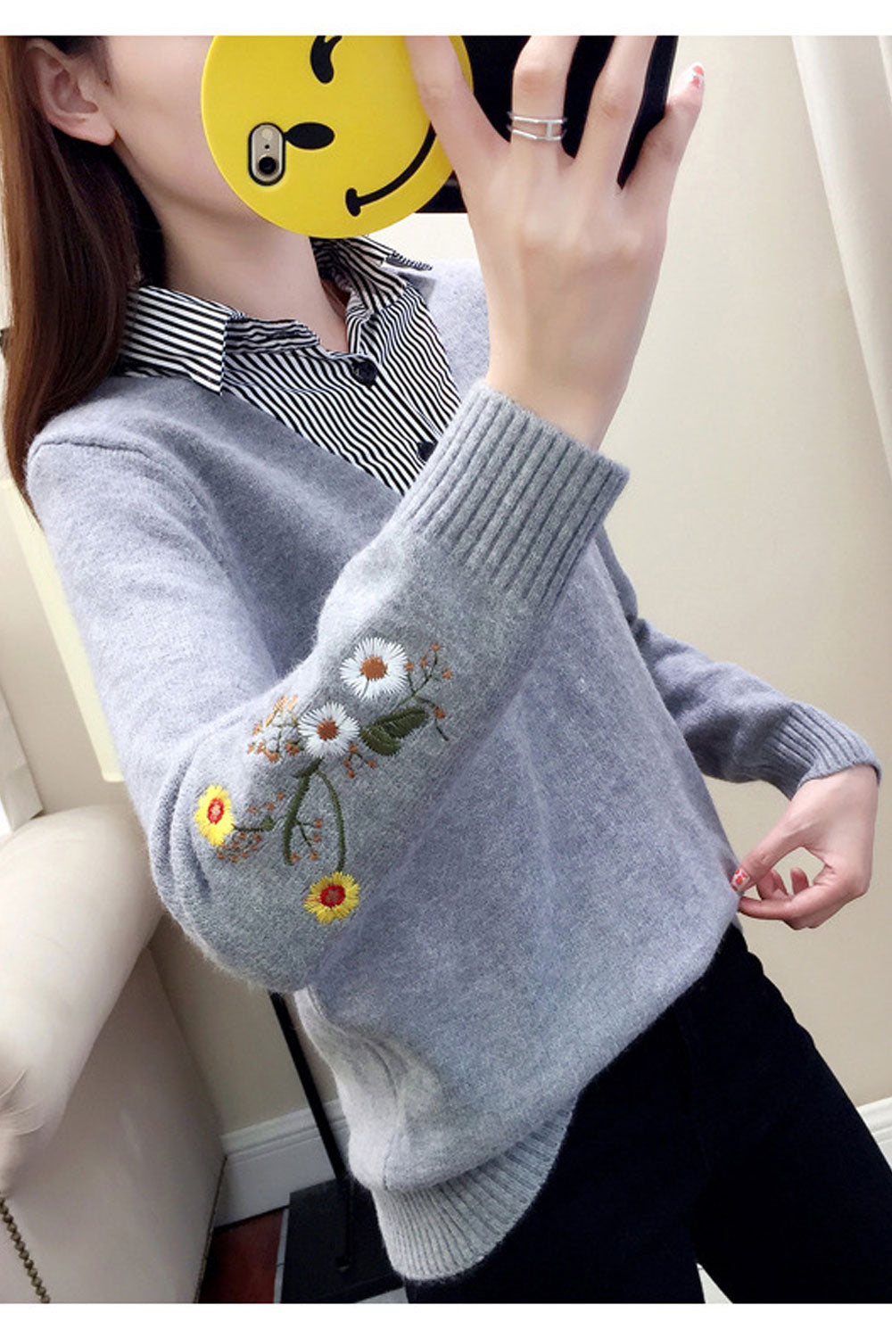 Women Awesome Contrast Collar Neck Long Sleeve Sweater