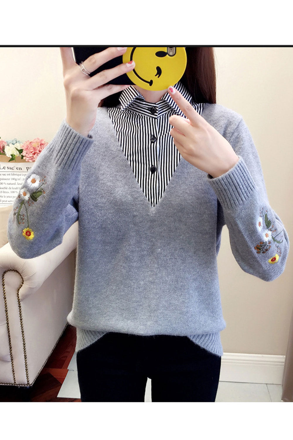 Women Awesome Contrast Collar Neck Long Sleeve Sweater