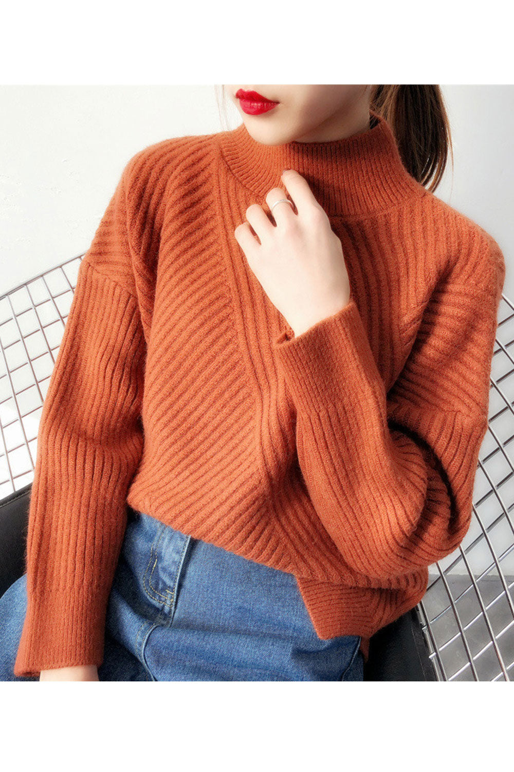 Women Stylish Striped Pattern High Neck Winter Sweater