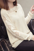Women Beautiful Solid Colored Floral Sleeve Sweater