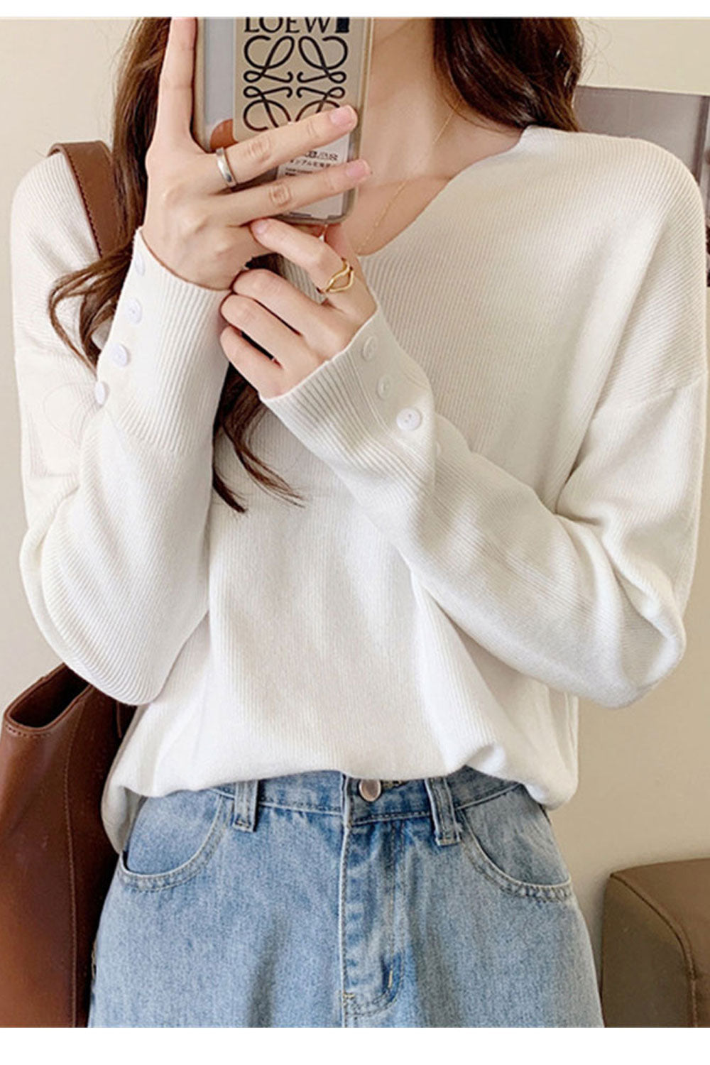 Women Fashionable V-Neck Solid Colored Long Sleeve Sweater