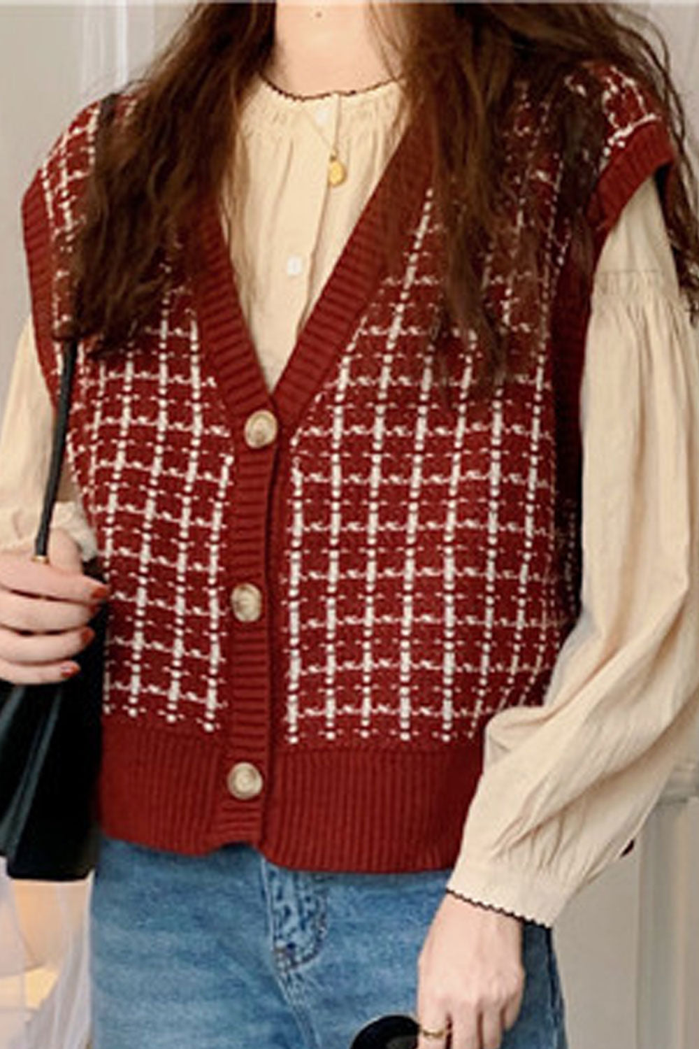 Women Sleeveless V-Neck Styled Printed Pattern Cozy Cardigan
