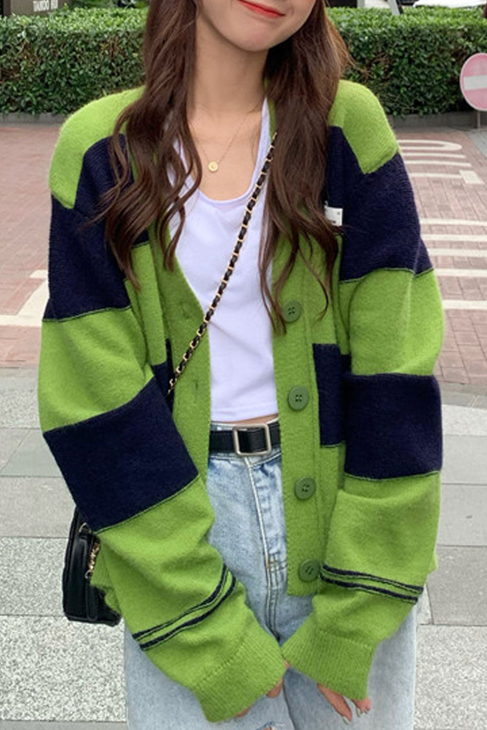 Women Elegant Striped Pattern V-Neck Loose Warm Cardigan
