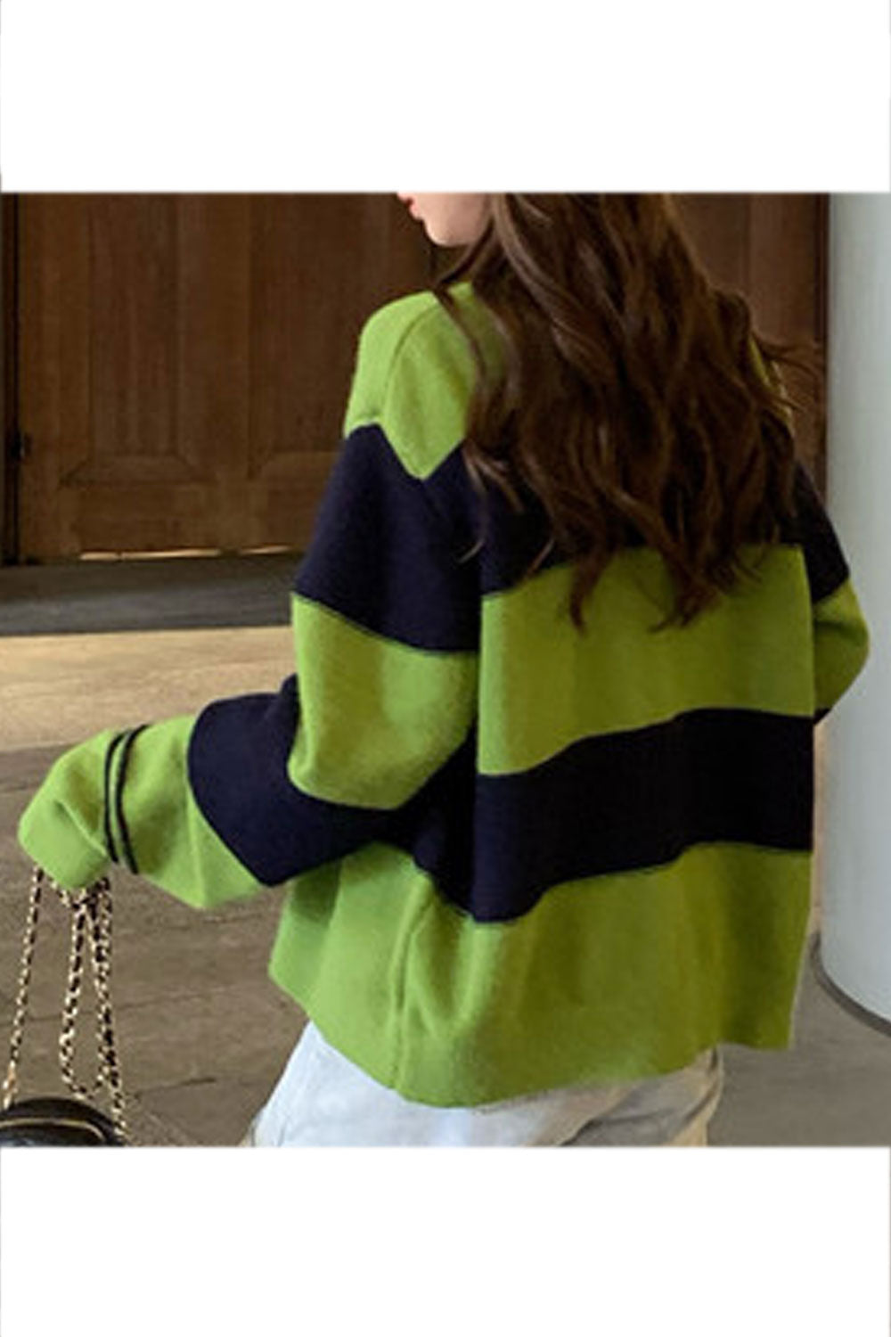 Women Elegant Striped Pattern V-Neck Loose Warm Cardigan