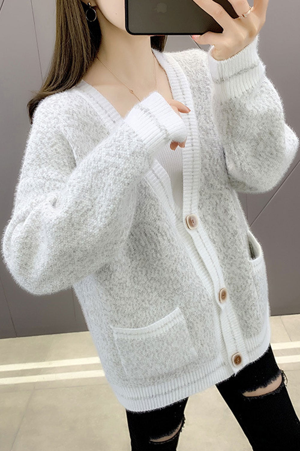 Women Comfortable Long Sleeve Solid Colored Breathable Warm Cardigan