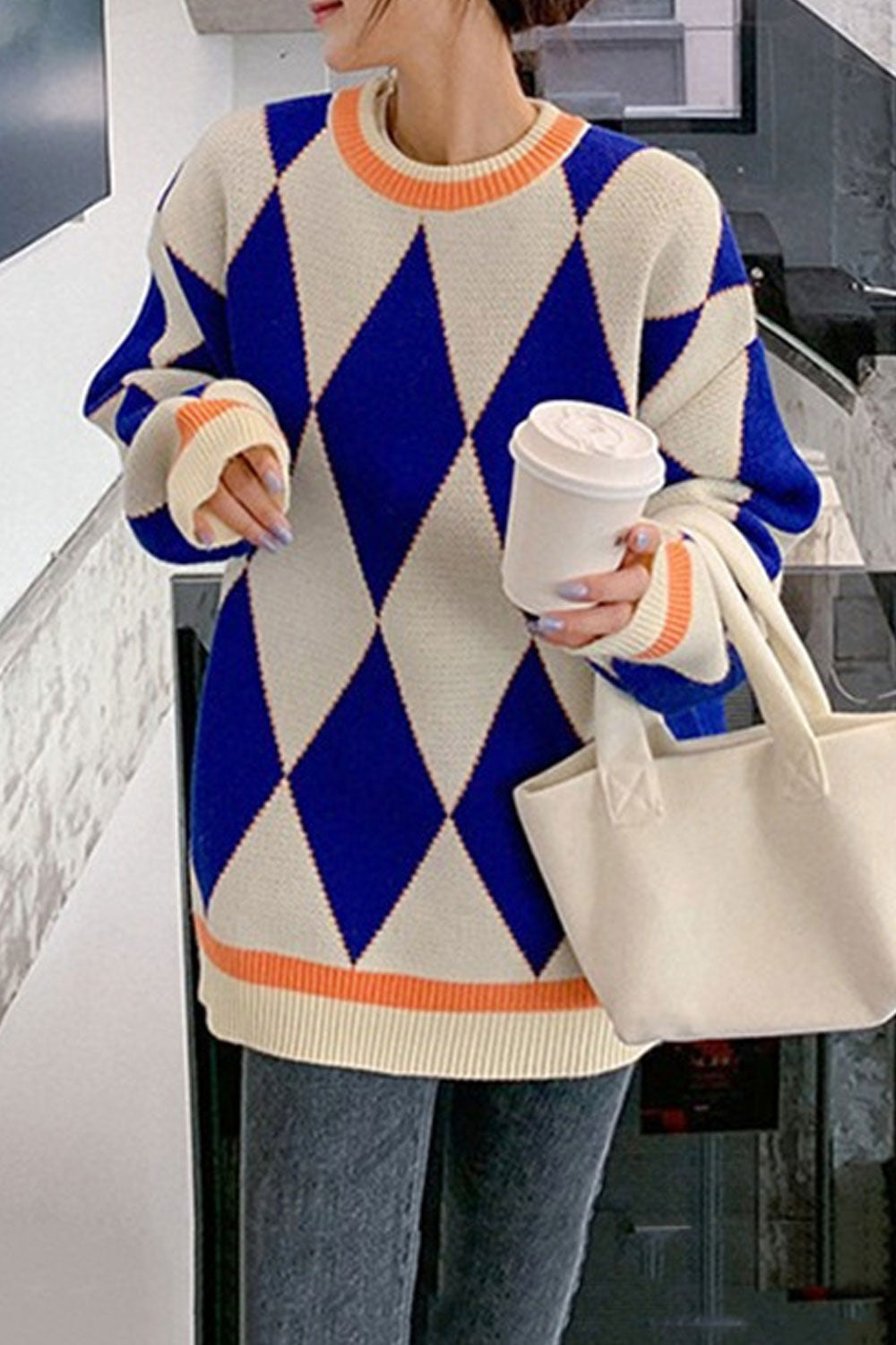 Women Stylish Rainbow Colored Striped Pattern Warm Sweater