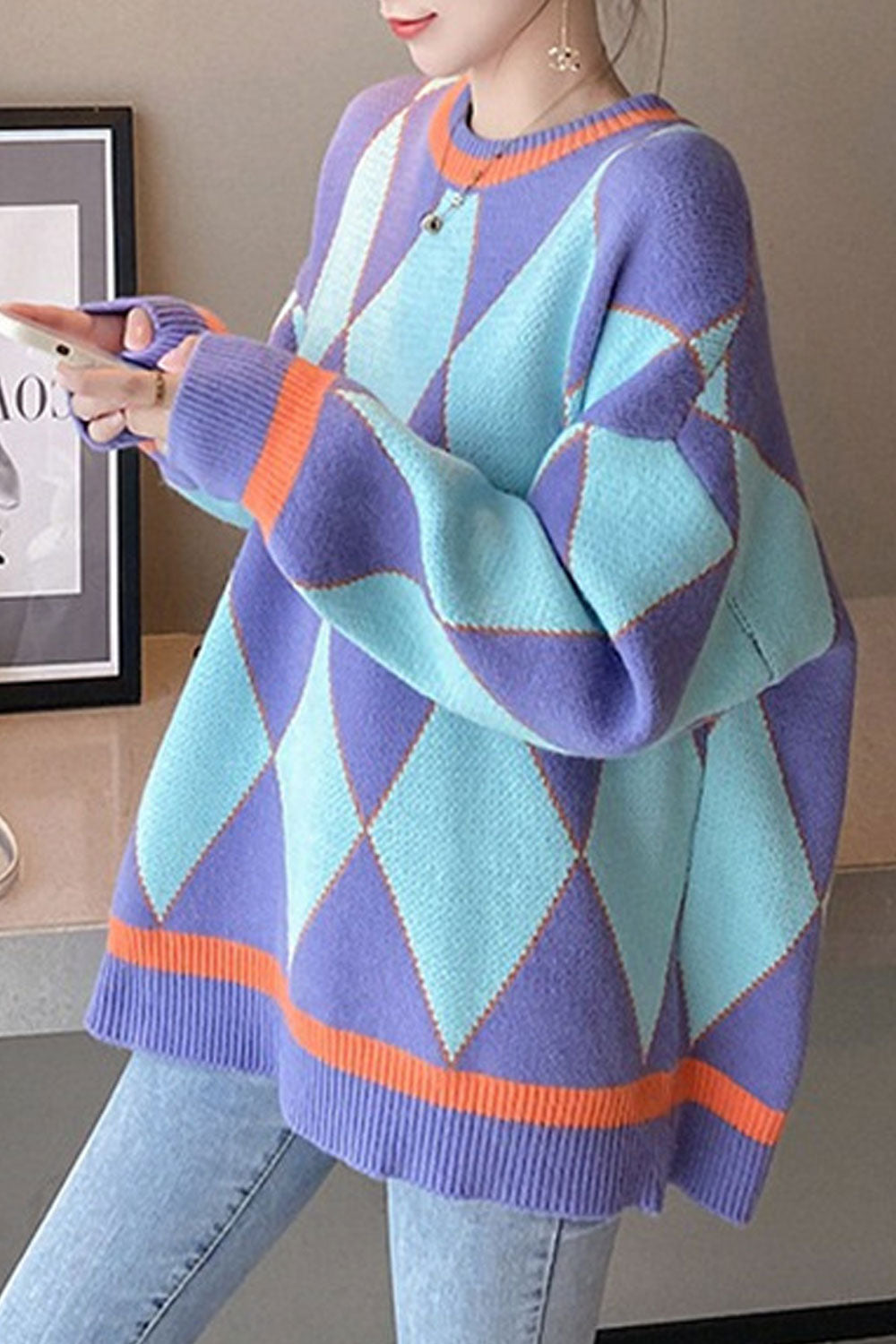 Women Stylish Rainbow Colored Striped Pattern Warm Sweater