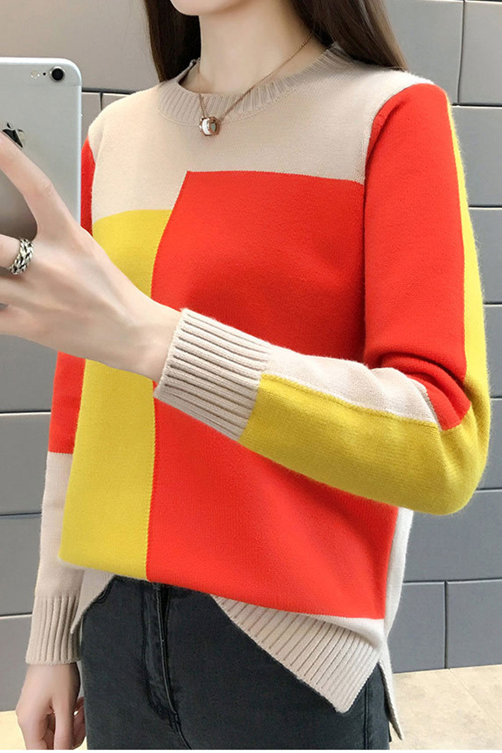 Women Cute Full Sleeve Contrast Colored Sweater