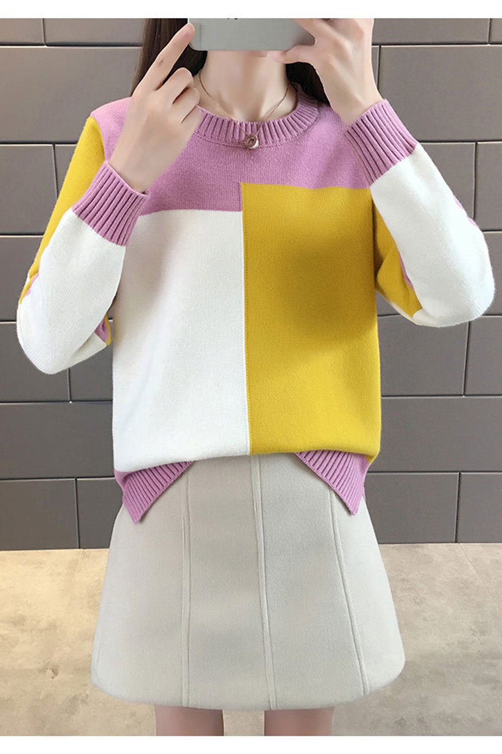 Women Cute Full Sleeve Contrast Colored Sweater