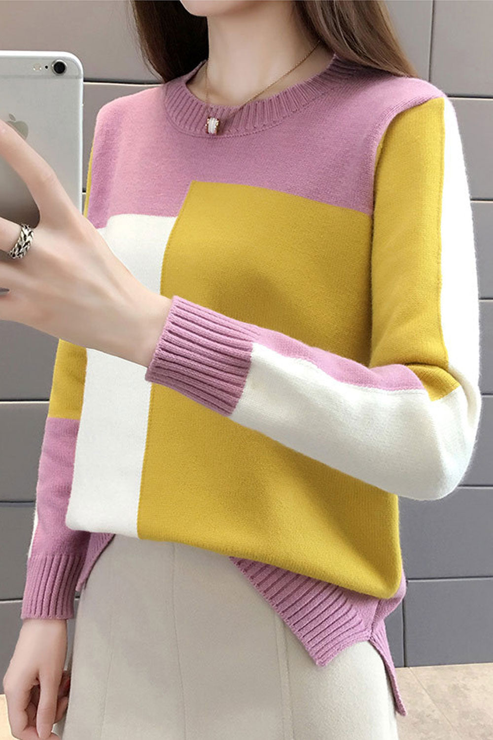 Women Cute Full Sleeve Contrast Colored Sweater