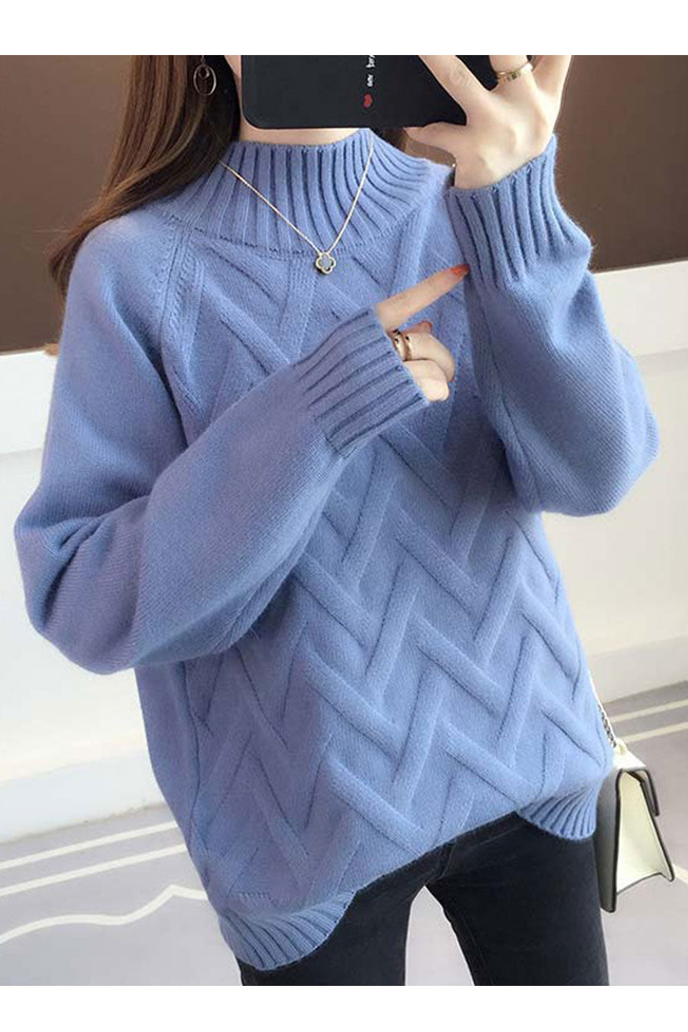 Women Solid Colored High Neck Warm Sweater