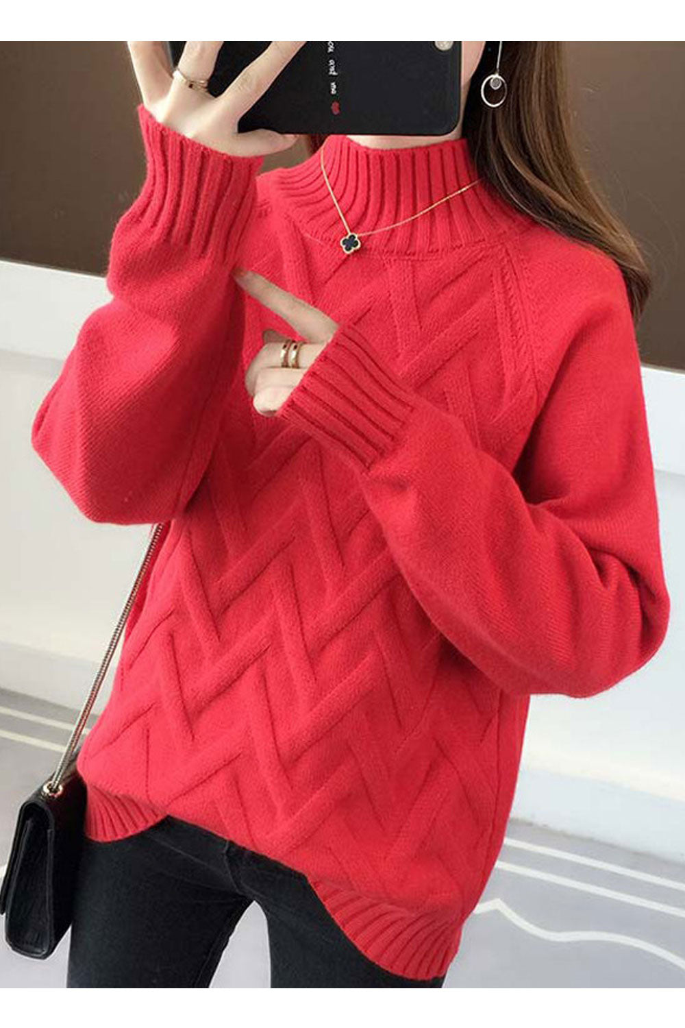 Women Solid Colored High Neck Warm Sweater