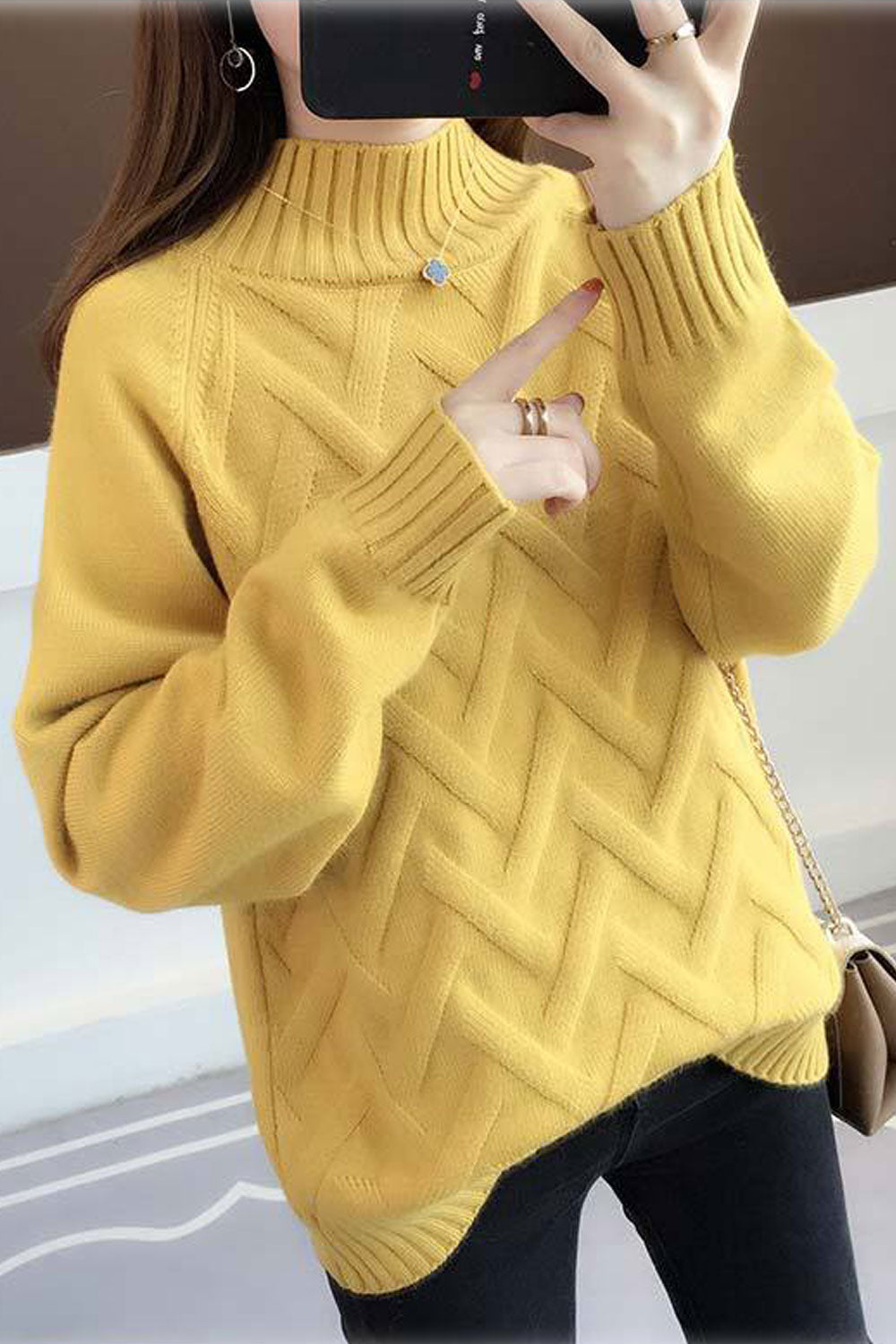 Women Solid Colored High Neck Warm Sweater