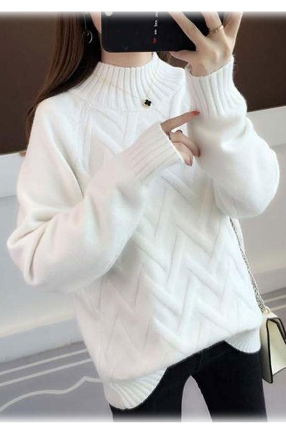 Women Solid Colored High Neck Warm Sweater