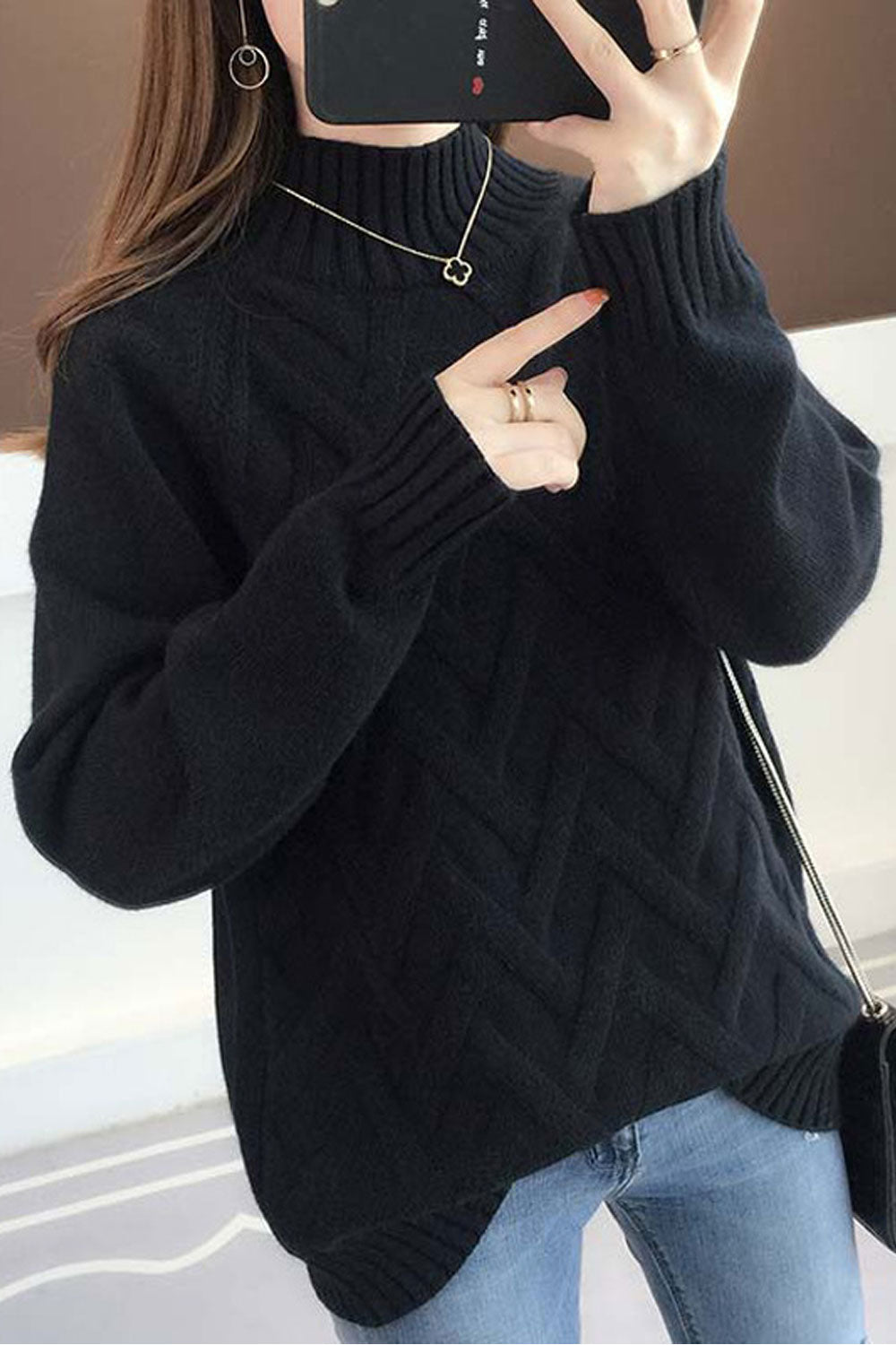 Women Solid Colored High Neck Warm Sweater