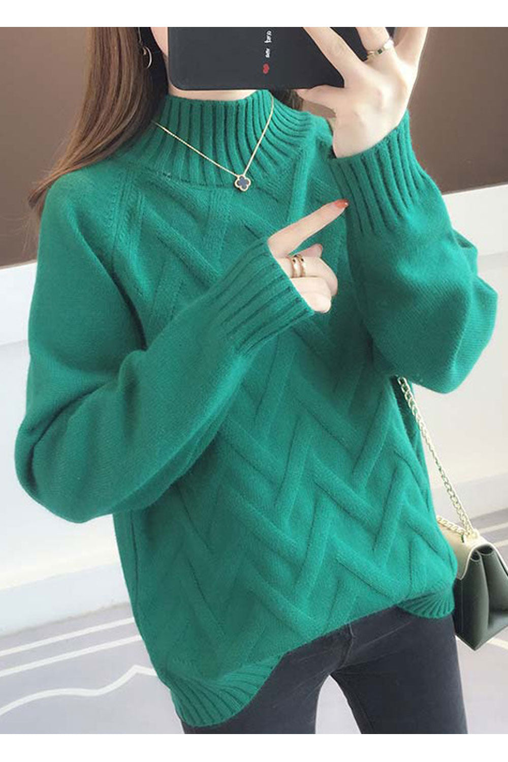Women Solid Colored High Neck Warm Sweater